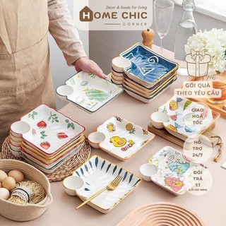 Đĩa sứ dĩa sứ chia ngăn trang trí dĩa sứ kèm khay chấm 2 trong 1, dùng được với lò vi sóng | HOME CHIC CORNER