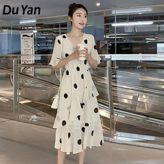 Du YAN Tính khí Pháp điểm sóng cổ chữ V mùa hè mới xã hội giảm tuổi váy viền lá sen cho thấy xu hướng váy mỏng