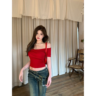 Áo thun ngắn tay lệch vai gợi cảm màu đỏ Skinny thường ngày