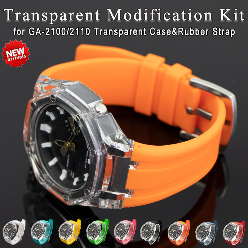 Bộ sửa đổi trong suốt sang trọng cho Casioak GA-2100 GA-2110 PC Case GA-B2100 Vỏ dây đeo cao su Phụ 