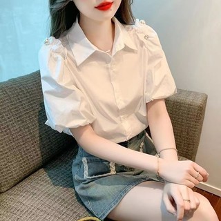 Áo Sơ Mi Trắng Pháp Tính Khí Puff Tay Ngắn Top Mùa Hè Mới Áo Sơ Mi Mỏng Hơn Nhìn Áo Thun Nữ