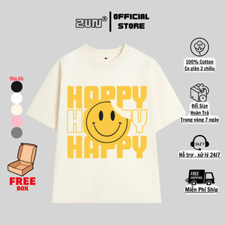 Áo Thun Unisex Happy Form Rộng Oversize Cổ Tròn 100% Cotton Co Giãn ZUNSTORE-02
