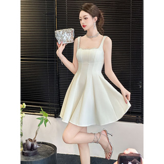 Mùa Hè 2024 Phong Cách Mới Nữ Phong Cách Pháp Cổ Vuông Đính Kim Cương Hẹp Màu Trắng Sling Đầm Lông Tơ Chữ A 9670