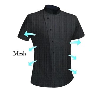 360°Thoáng Khí Mùa Hè Lưới Đầu Bếp Áo Khoác Nam Nữ Tay Ngắn Nấu Ăn Áo Làm Việc Mát Dịch Vụ Thực Phẩm Đen Trang Phục Nhà Bếp