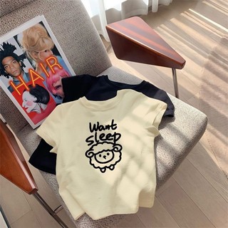 Phiên Bản Hàn Quốc 100% Cotton Áo Thun In Hình Cừu Mỏng Ngắn Tay Ngắn Nhỏ Top Nữ Hợp Thời Trang Mùa Hè