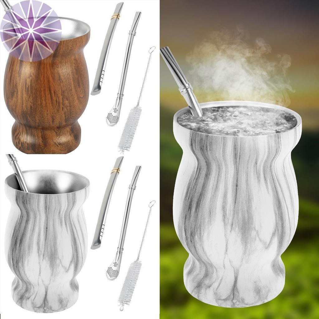 8oz Yerba Mate Cup Bộ cốc trà bằng thép không gỉ có bàn chải rơm Thìa rơm phẳng Ống hút và nắp cách 