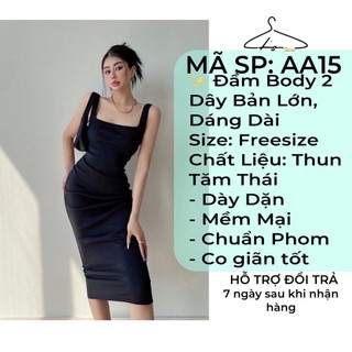 Đầm body 2 dây dáng dài L's Store, váy ôm quai áo bảng to, chất liệu thun dày dặn màu đen phong cách Hàn Quốc Freesize