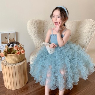 V290 - Váy Công Chúa Cao Cấp Xanh Bèo Nhún Xinh Bé Gái (Cá Mập Con)