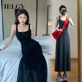 IELGY Váy treo cô gái ngọt ngào màu đen váy dài không tay chữ A cao cấp dành cho nữ