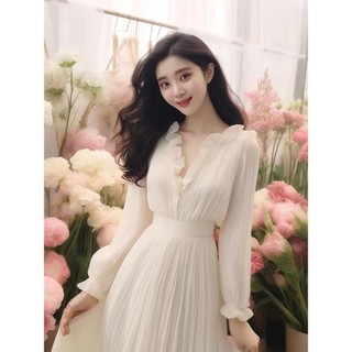 Qianqian Quần Áo Nữ QQ Năm nay Đẹp Ôm Hơn Nhìn Bao Da Thịt Váy Dài Cao Cấp Nhẹ Nhàng Tính Khí Ôm vừa vặn Váy Trắng Nữ Mùa Xuân