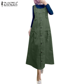 Zanzea Nữ Hồi Giáo Không Tay Bên Túi Cổ Vuông Màu Trơn