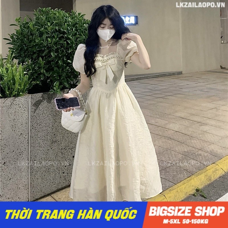 Váy đầm nữ Bigsize Đầm dự tiệc sang trọng dáng dài tay phồng cổ vuông Phối Nơ mùa hè Phong cách Hàn Quốc Thời Trang đẹp