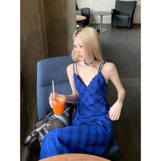 Nữ Tính Khí Cao Cấp Chia Retro Đầm Siêu Trắng Xanh Kiểm Tra Kiểm Tra Checkered Shaker Ryan Cổ Chữ v Sling Dress SOXG
