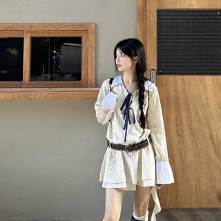 Mỹ Retro Cao Cấp Sọc Dài Tay Đầm Nữ Phong Cách Mới Thời Trang Ôm Hơn Nhìn Áo Sơ Mi Váy Ngắn