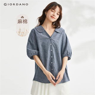 Áo sơ mi GIORDANO 13343310 cotton linen thiên nhiên dệt thoi mỏng tay phồng cổ Peter Pan cho nữ