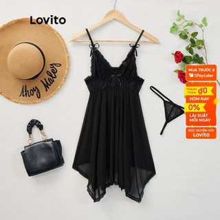 Đầm ngủ kiểu Lovito lai không đối xứng phối ren tương phản nơ ren sexy L162221 (Màu đen)