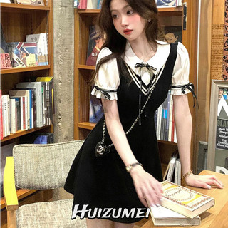 Huizumei Váy preppy nữ mùa hè cổ polo nhỏ chắp vá eo nâng cao và giảm béo váy ngắn