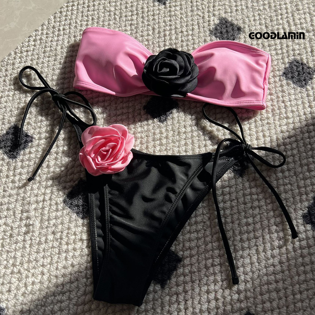 Goodlyz 2 Cái / bộ Nữ Gợi Cảm Bikini Bộ Chắp Vá Màu Bandeau Áo Ngực Phối Ren Bộ Hoa Hồng | BigBuy360 - bigbuy360.vn