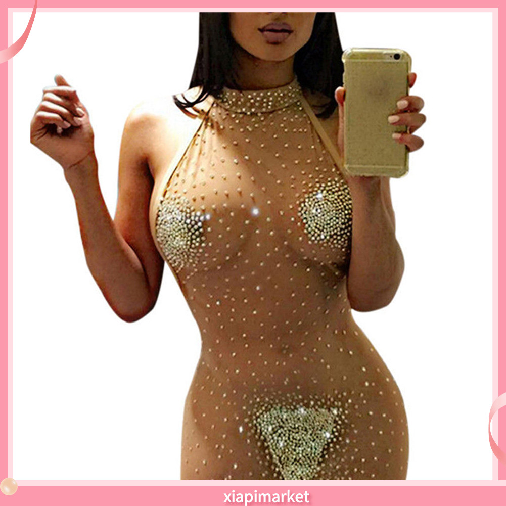 Xia| Gợi Cảm Nhìn Xuyên Qua Nữ Hạt Sáng Bóng Không Tay Hộp Đêm Tiệc Bodycon Mini Đầm