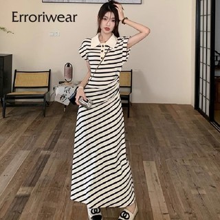 Erroriwear Đầm Maxi Nữ Mới Cổ Polo Sọc Dệt Kim Slim Váy
