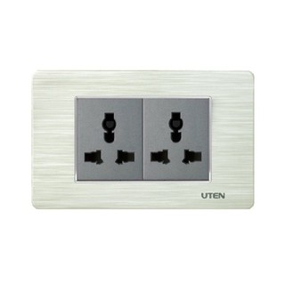 Bộ ổ cắm đôi 3 chấu đa năng mặt chữ nhật Uten V7 màu ghi xám