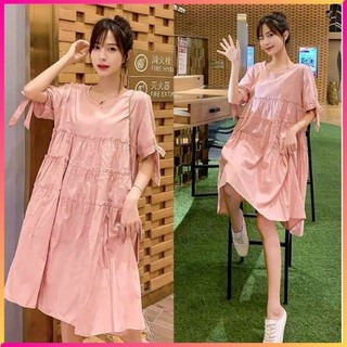 Đầm babydoll hồng pastel xoè tay thắt nơ dễ thương, đầm babydoll đơn giản đẹp, Đầm bầu form rộng màu hồng form xòe cute