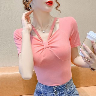 Áo thun ngủ NGẮN dành cho nữ sang trọng ngọt ngào hot girl tinh khiết gợi cảm lệch vai cổ chữ V hợp thời trang skinny hollow-out top