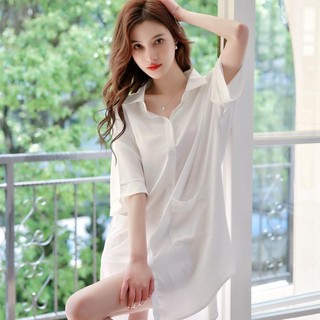 Váy Ngủ Nữ Thời Trang Mùa Hè Mỏng Phong Cách Dài Tay Bạn Trai Phong Cách Áo Sơ Mi Trắng Phong Cách Dài Loungewear Xuân Thu Quần Áo Cảm Xúc Người Bộ Đồ Ngủ