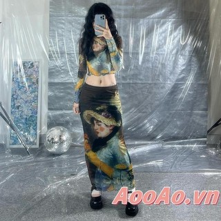 AooAo-Áo Crop top lưới mỏng Nữ in hình dài tay cổ tròn Lettuce Hem Sheer Áo thun