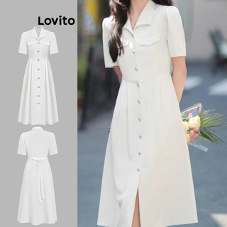 Đầm Lovito màu trơn cài nút xếp ly buộc dây phía sau phong cách thường ngày cho nữ L80ED430