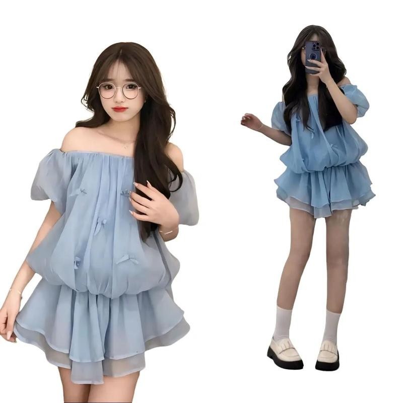 BARE_Áo trễ vai tay bồng form rộng 2 tầng phối nơ xinh xắn kèm quần thun chất vải tơ xốp phong cách bánh bèo - A278 GUUU