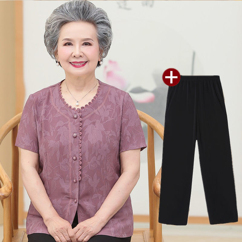 Người Cao Tuổi Trung Niên Nữ Mùa Hè Quần Áo Bà Quần Áo Mỏng Tay Ngắn Phù Hợp Với 60-70 Tuổi Mẹ Áo Thun Nữ El