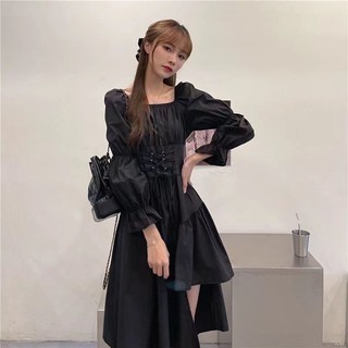 Oeggeo Váy tay bong bóng không đều mùa xuân thu dành cho nữ thiết kế mới váy dài vừa phải thích hợp