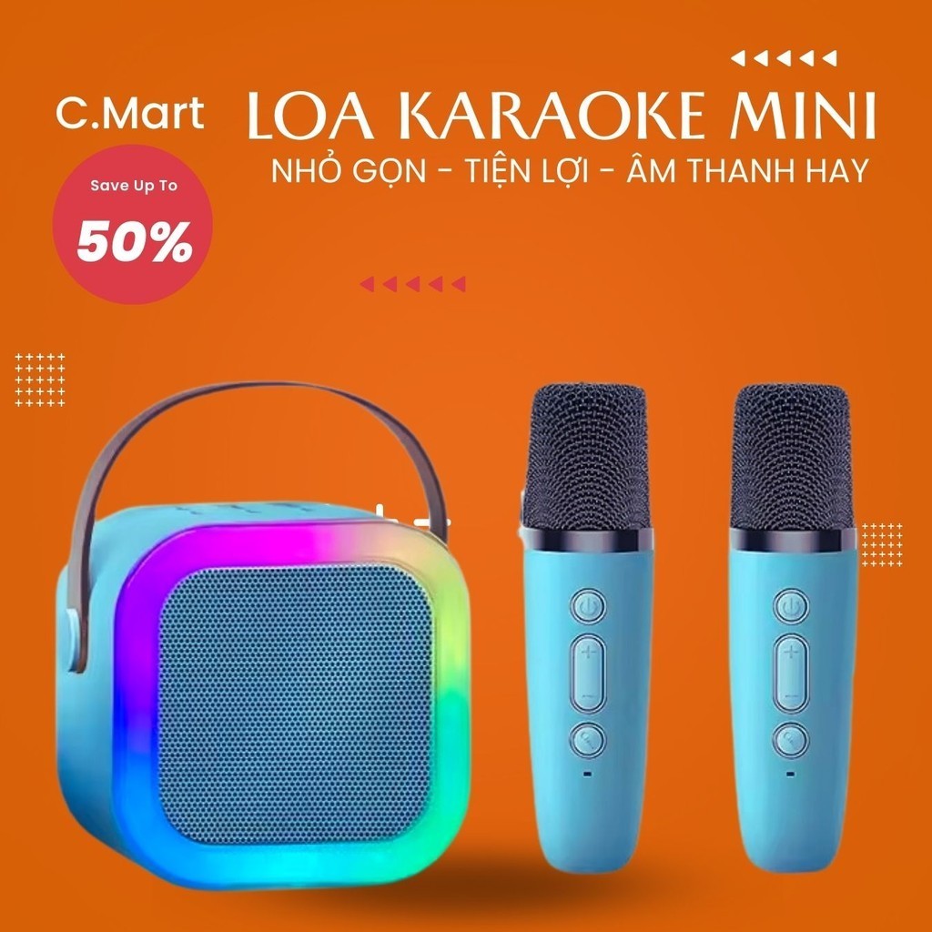 C.Mart Loa Bluetooth Mini K12 -  Loa Hát Karaoke Không Dây Tặng Kèm 2 Mic Có Đèn LED 7 Màu Âm Thanh Hay Bass Ấm