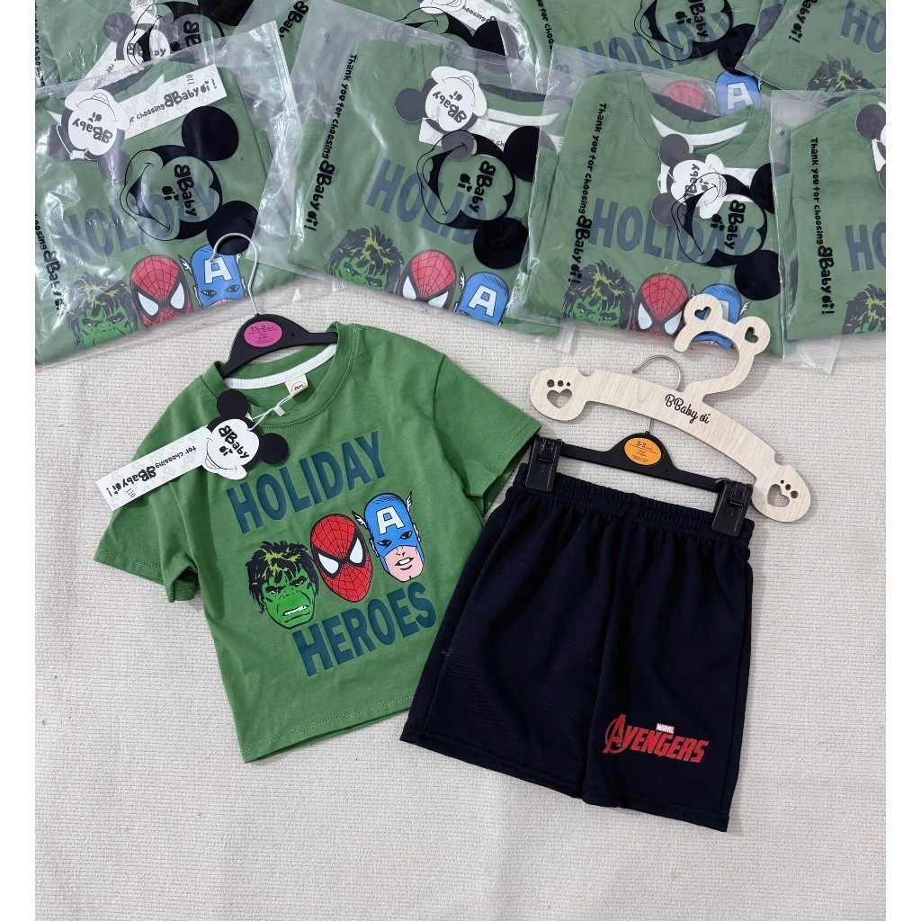 BN106-Bộ thun cộc tay bé trai áo cotton HOLIDAY xanh đen mix quần nỉ cua MAI LINH KID