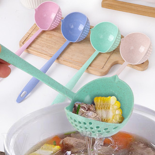 Thìa canh tay cầm dài 2 trong 1 - muỗng lỗ lọc lẩu đa năng - thìa lọc rơm lúa mì màu trơn - bộ đồ ăn nhà bếp dụng cụ nấu ăn