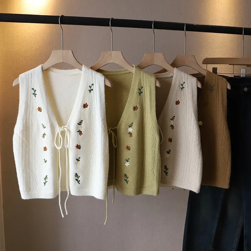 Vintage Hoa Thêu Nữ Áo Len Áo Len Mở Áo Khoác Nữ Băng Ren Sang Trọng Dệt Kim Áo Top