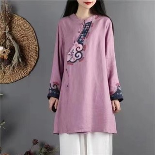 Áo thun phong cách cổ điển văn học và nghệ thuật phong cách Trung Quốc, áo sơ mi thêu cotton và vải lanh dành cho nữ, cổ đứng rộng, áo dài vừa phải phong cách Trung Quốc