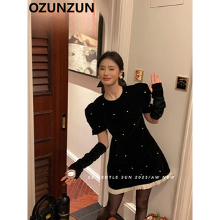 Váy ngắn tay nhung cổ tròn Ozunzun 9163