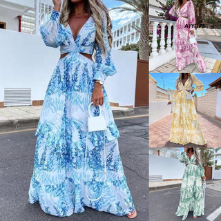 Ayyufe Đầm Maxi nữ dài tay viền lớn cổ chữ V sâu in lá hoa cho bãi biển
