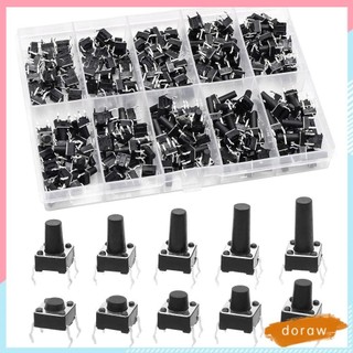 Doraw 200 Nút ấn xúc giác, Công tắc tạm thời siêu nhỏ 6x6 mm, Bộ phân loại 4 chân Nút nhấn Công tắc bảng mạch điện tử
