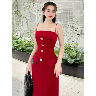 Váy đỏ 2 dây dự tiệc noel tết cưới may i120 đính cúc đá – đầm đỏ thiết kế sang trọng chuẩn may