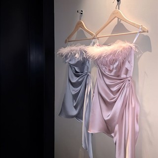 Quạt Cùng Phong Cách Đà điểu Len Cao Cấp Satin Đầm Nữ Tính Khí Cao Cấp Pháp Niche Ống Top Váy