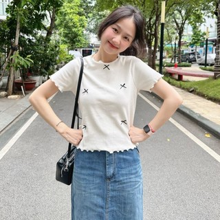 Áo Baby Tee Viền Bèo PINKSTORE29 Kiểu Đính Nơ Xinh Xắn A51048