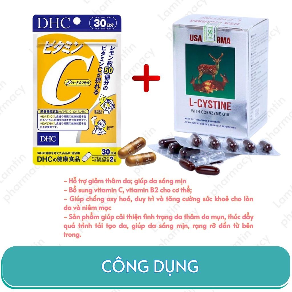 ✔(Chính Hãng) Combo trắng da Lcystine, DHC giúp đẹp da, giảm rụng tóc - Bổ sung vitamin C  ( 60 Viên )