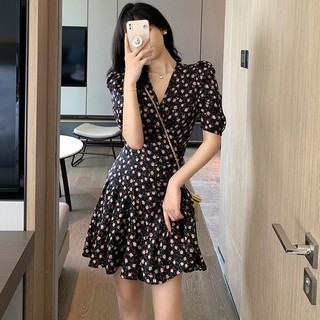 Váy hoa tay phồng cổ chữ V mỏng khí chất mùa hè dành cho nữ
