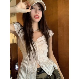 Mùa Hè Phong Cách Hàn Quốc Phong Cách Mới Thời Trang Xếp Ly Ren Nửa Tay Khâu Slim fit Slimer Nhìn Thời Trang Ngắn-