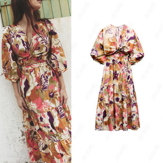 Zara Za Mùa Hè Phong Cách Mới Pháp Retro Phong Cách Kỳ Nghỉ Cổ Chữ V Tính Khí Mỏng Phù Hợp In Hình Chính Phủ Sil 2732131