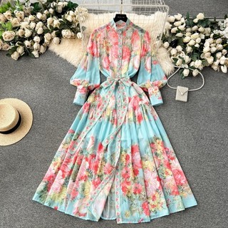 Phụ Nữ Voan Đầm Vintage Tay Dài Đứng Cổ Thanh Lịch Đảng Đầm ôm Slim Chữ A Đơn Ngực Boho Xanh Dài Áo