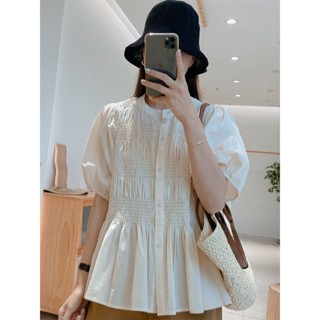 Áo Sơ Mi Tay Ngắn Nữ Mùa Hè Phong Cách Mới 2023 Bán Chạy Rời Ôm Hơn Áo Sơ Mi Phong Cách Pháp Filigree Eo Sản Phẩm Châu Âu Tay Phồng